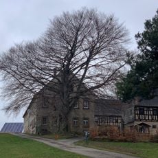 Vierseithof mit westlichem Wohnstallhaus, südlichem Seitengebäude, nördlicher Durchfahrtsscheune und Scheune sowie Stein und Hofbaum