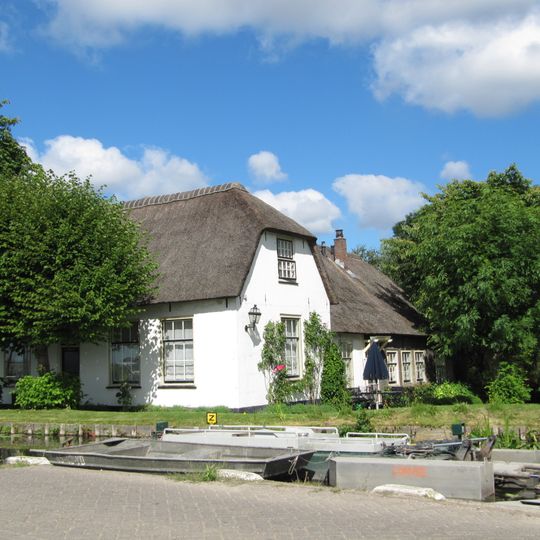 Boerderij. gepleisterd dwarshuis met riet gedekt, geschoren linden voor het huis