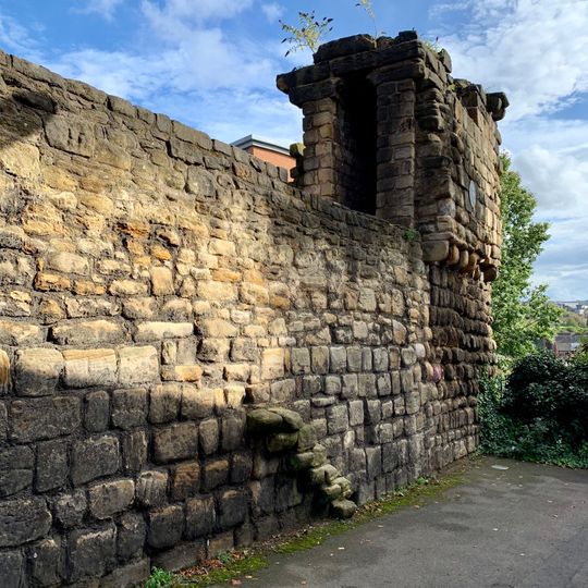 Newcastle upon Tyne town defences: section of curtain wall including Plummer Tower and a 17th century bastion