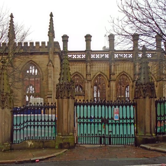 Gates, railings etc at St Luke's church, Berry Street, Liverpool