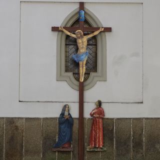 Wayside cross near basilica tower, Třebíč