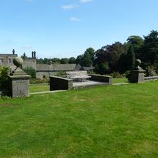 Garden terraces, walls and piers at Tissington Hall