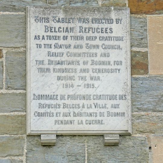 Belgian Refugees WWI Memorial Tablet, Bodmin