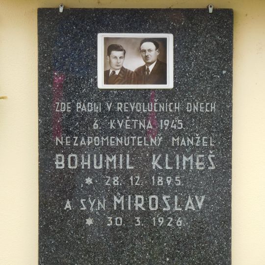 Memorial plaque to Bohumil and Miroslav Klimeš