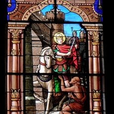 Martin of Tours and the beggar on stained-glass window of Saint-Martin (Fleurigné)