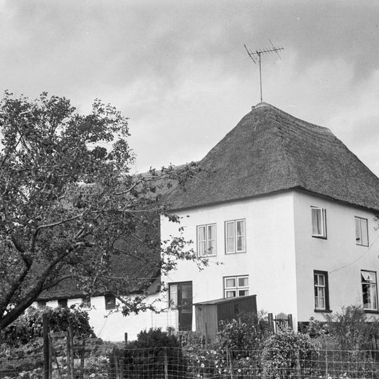 Gepleisterde boerderij waarvan het woonhuis een verdieping en rieten schilddak heeft. Stal onder hoog rieten wolfdak